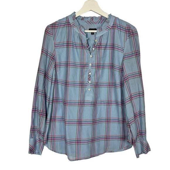 Talbots Band Collar Popover Size Medium Slender Stripe Plaid Ruffle Collar - Picture 2 of 9